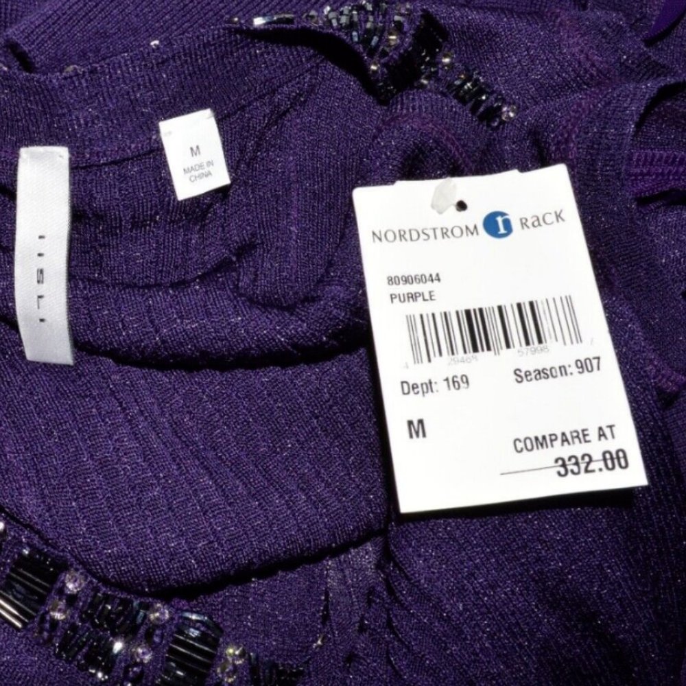 LISLI ISLI NEW $332 NWT SZ M PURPLE WOOL BLEND CRYSTALS BEADS STRETCHY DRESS